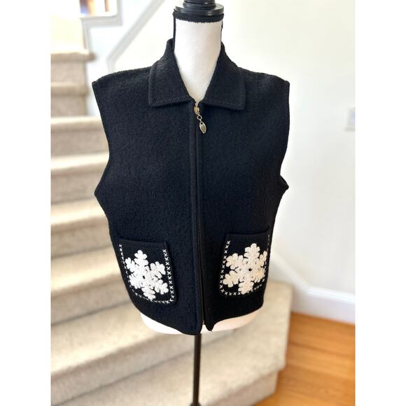 Vintage Black Boiled Wool Embroidered Snowflake Pocket Vest - Picture 1 of 6